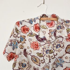 Vintage‎ 90s cream floral cropped button up camp shirt M